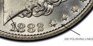 1882-CC VAM-2 misplaced date close-up showing ghost impression of 1 below the 8 in the date