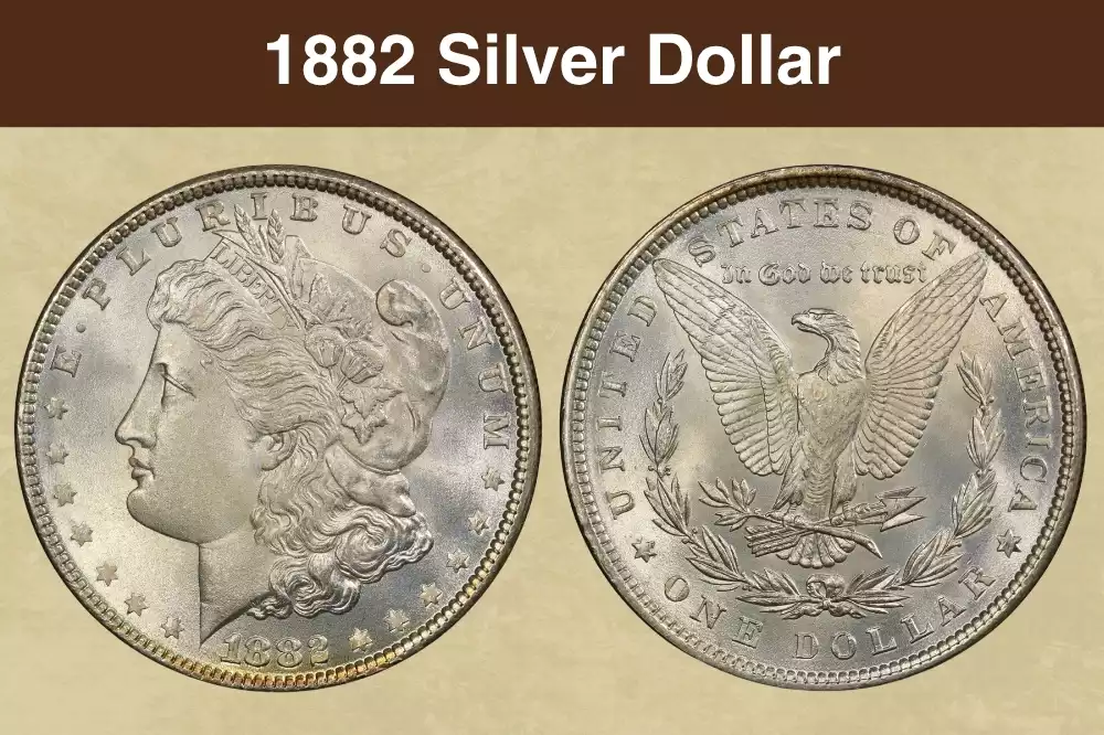 Group of 1882 Morgan Silver Dollars showing all four mint marks: no mint mark, CC, O, and S