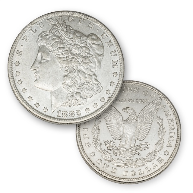 Grading strip showing 1882 Morgan Silver Dollar in four condition tiers from worn through Gem Mint State